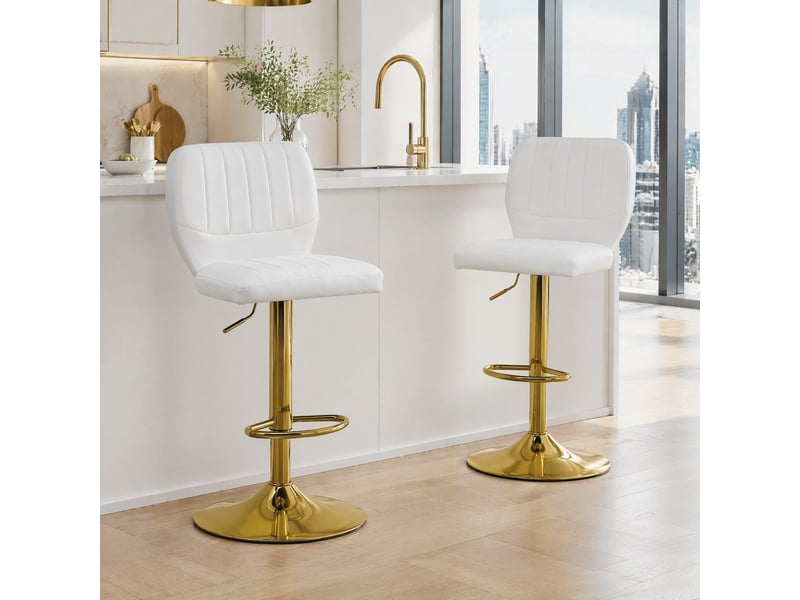  Tabouret de bar lot de 2 pivotant 360° réglable en hauteur avec dossier et repose-pieds, en pu et métal blanc et doré  - Conforama D