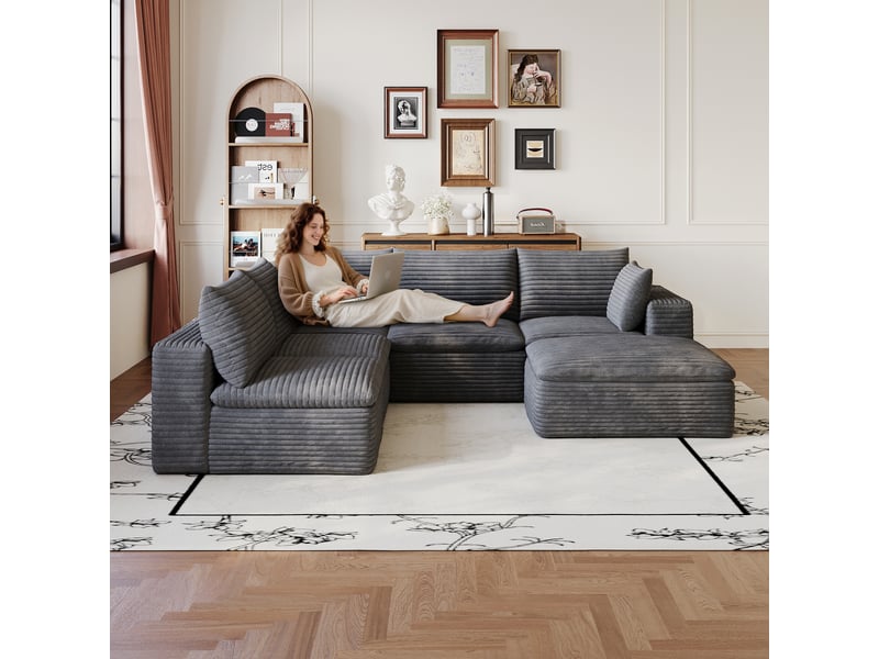  Grand canapé nuage en velours côtelé 6 places gris foncé, design double couche avec housse amovible, 260x250cm, confort optimal pour le salon.  - Conforama D