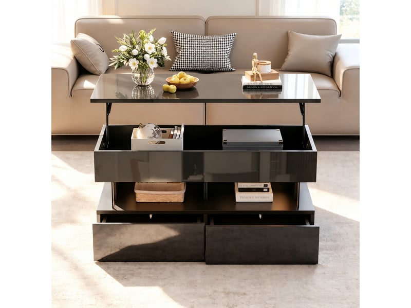  Table basse relevable avec deux tiroirs et éclairage led, 100 x 50 x 46 cm, noir brillant  - Conforama C