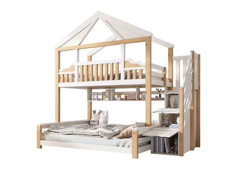 Lit superposé 90 x 200 cm, lit enfant à deux couchages, étagères ouvertes, structure en forme de maison, échelle, bois, naturel Morn Vibe - Conforama A