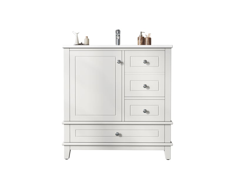  Meuble sous vasque avec 3 tiroirs et 1 porte, vasque en céramique, blanc brillant, salle de bain, 81×47×86 cm  - Conforama A