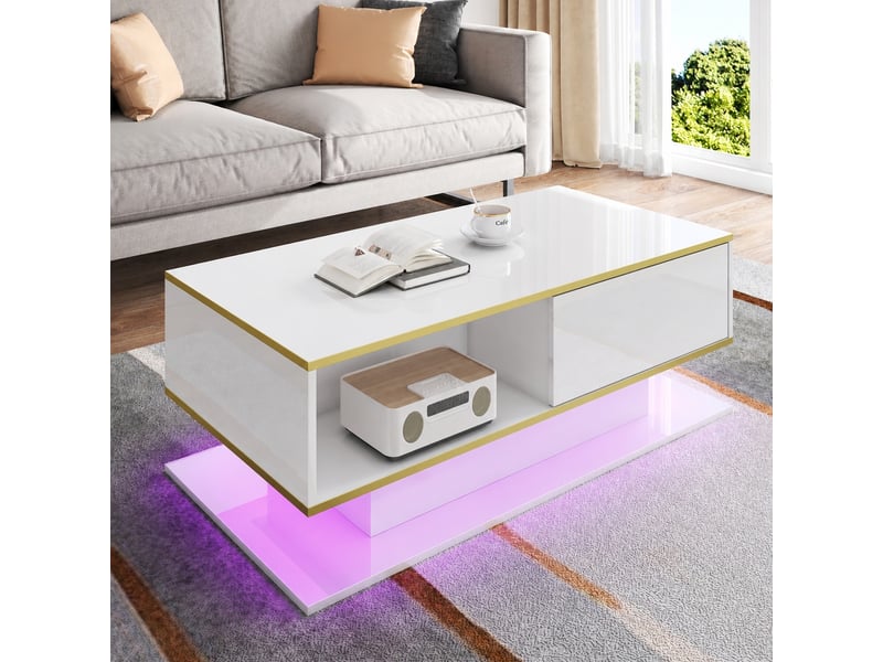  Table basse blanche et dorée brillante avec tiroirs et éclairage led, 100 cm  - Conforama B