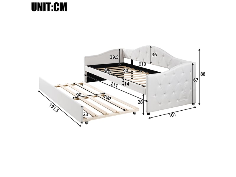  Lit gigogne 90x200 cm avec couchage coulissant 90x190 cm en lin beige  - Conforama E