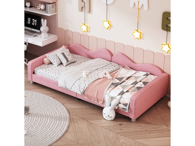  Canape lit 90x200 cm avec dossier et accoudoirs, lit enfant avec structure en tissu teddy, cadre de lit 1 personne en rose  - Conforama C