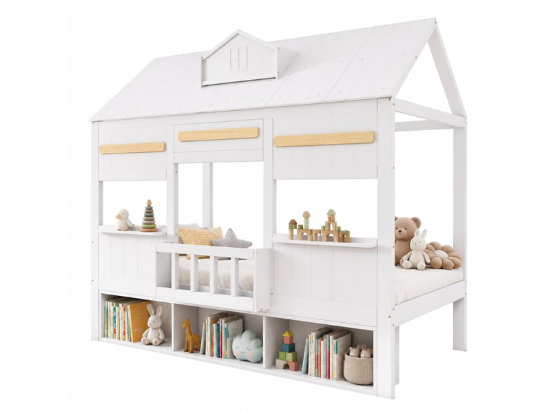 Lit mezzanine enfant 90×200 cm avec bibliothèque et design cabane - sans matelas, bois et mdf - blanc - Conforama A