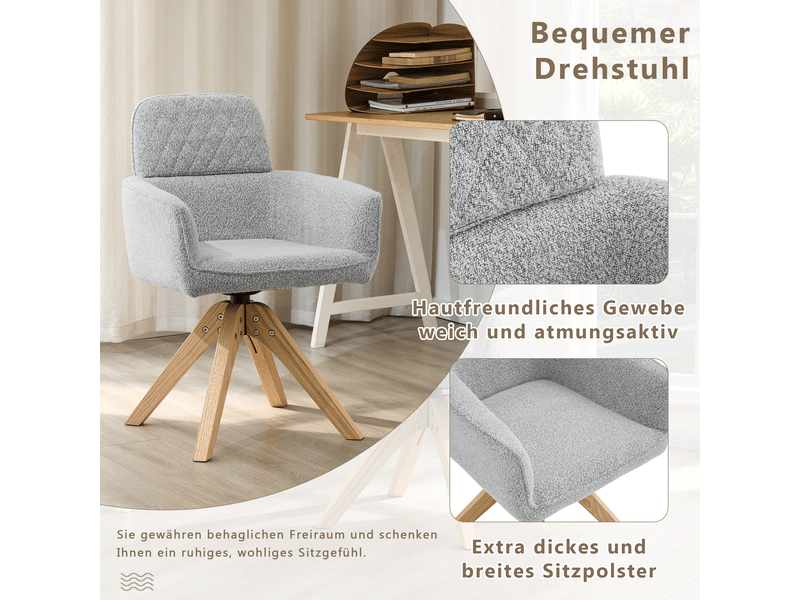  Chaises de salle à manger lot de 2 pivotantes 360°  - dossier capitonné, tissu et bois massif - gris clair  - Conforama E