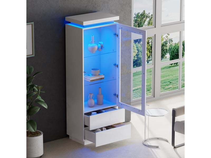  Vitrine haut 171 cm et meuble de rangement avec led, portes vitrées et rabattable, 2 tiroirs, finition haute brillance, blanc, finition soignée CARDUME ESTIVAL - Conforama D