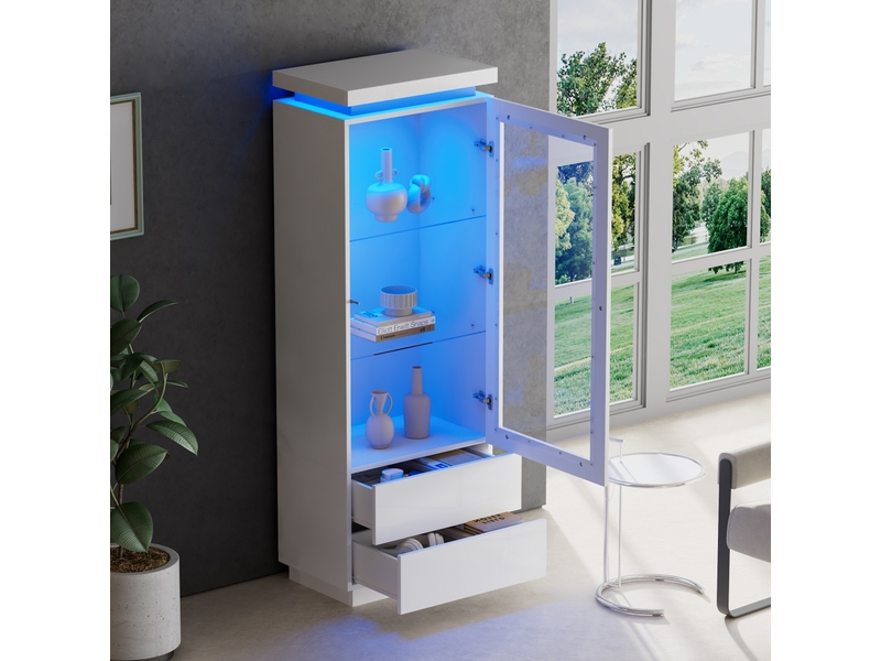  Vitrine haut 171 cm et meuble de rangement avec led, portes vitrées et rabattable, 2 tiroirs, finition haute brillance, blanc, finition soignée CARDUME ESTIVAL - Conforama D