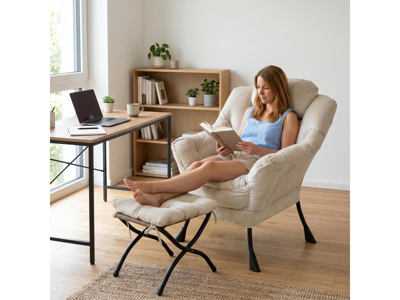  Fauteuil lounge avec repose-pieds 72x62x96cm – fauteuil relax de salon avec poche latérale et structure en métal – tissu velours - beige  - Conforama B
