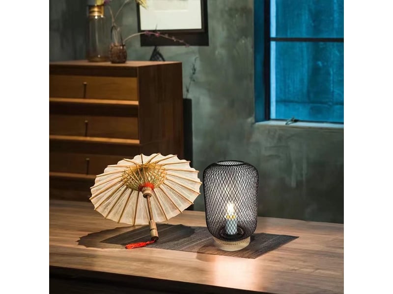  Lampe de lecture de table en forme de cage en maille noire avec base en bois  - Conforama B