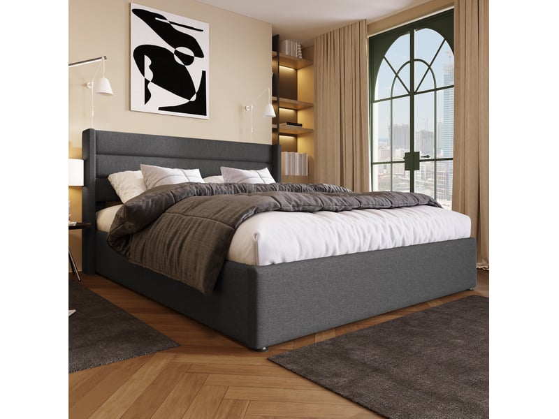  Lit coffre hydraulique 160x200 cm gris cravdom  - Conforama D