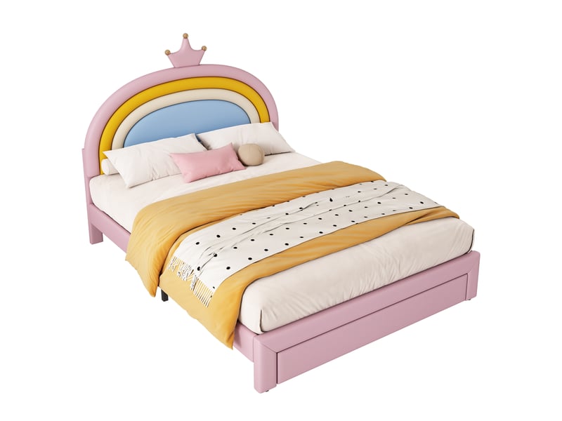  Lit enfant rembourré 140x200 cm avec tête de lit arc-en-ciel couronne, revêtement pu, tiroir de rangement et tête de lit réglable - rose  - Conforama A