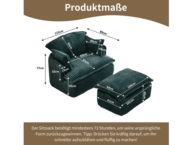 Fauteuil nuage compressé 1 place en velours côtelé vert avec pouf, mousse haute densité, esprit vintage pour salon - Conforama C