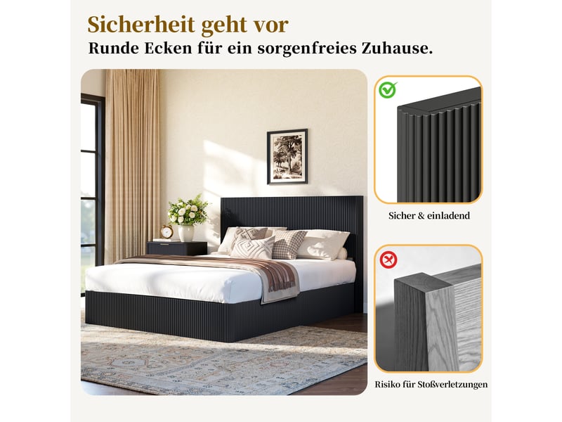 Lit double 160 x 200 cm avec sommier à lattes, lit 2 personnes — noir, lit double à vérins avec espace de rangement - Conforama D