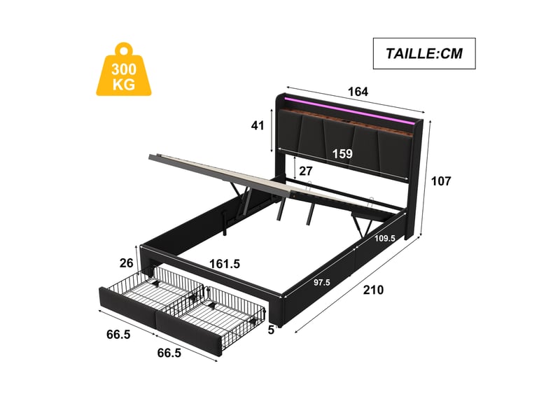  Lit double 160x200 cm avec coffre et 2 tiroirs, lit 2 places rembourré en lin avec tête de lit led, port usb et type-c, sommier à lattes, sans matelas  - Conforama C