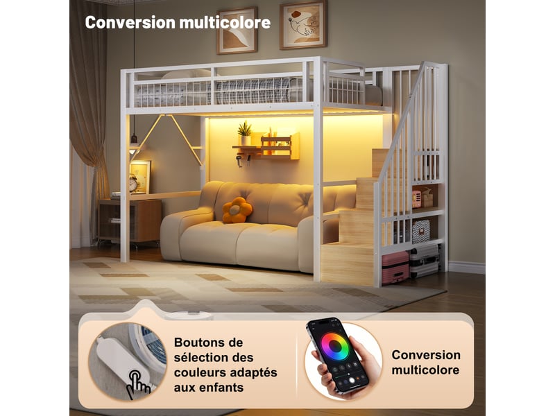  Lit mezzanine 90x200 cm en métal et mdf avec led via application, escalier avec rangements et espace libre sous le lit, blanc.  - Conforama D
