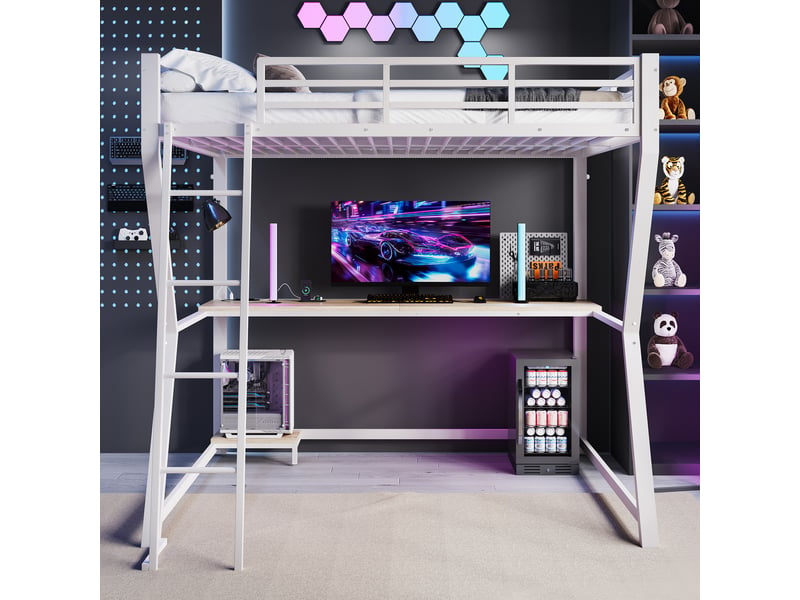  Lit mezzanine 140x200cm coloris blanc led métal lit enfant blanc - Conforama B