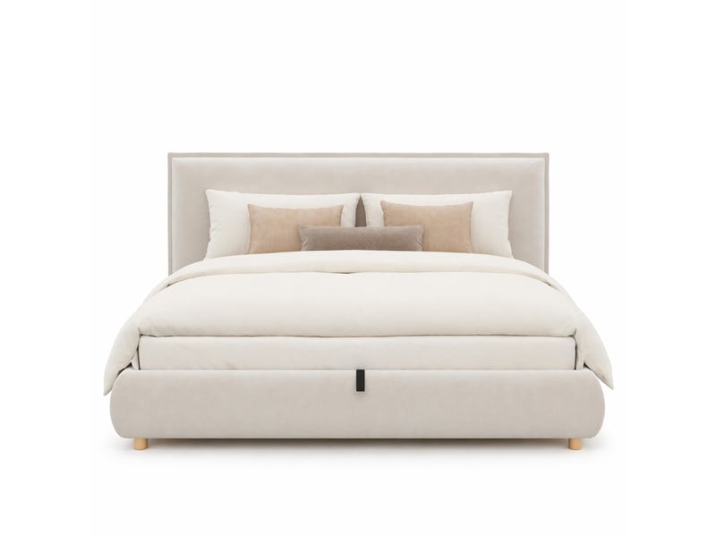  Lit double coffre 180x200cm, pieds en bois, tête de lit, sommier, lit adulte, tissu en velours, couleur crème, sans matelas  - Conforama A