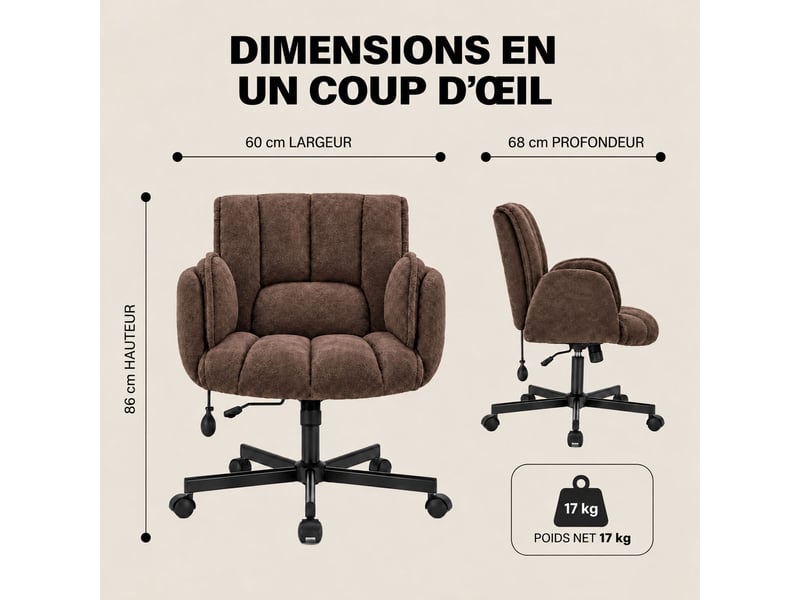 Fauteuil ergonomique tissu accoudoirs rabattables, coussin lombaire gonflable, assise large, pivot 360° 150kg-marron - Conforama B