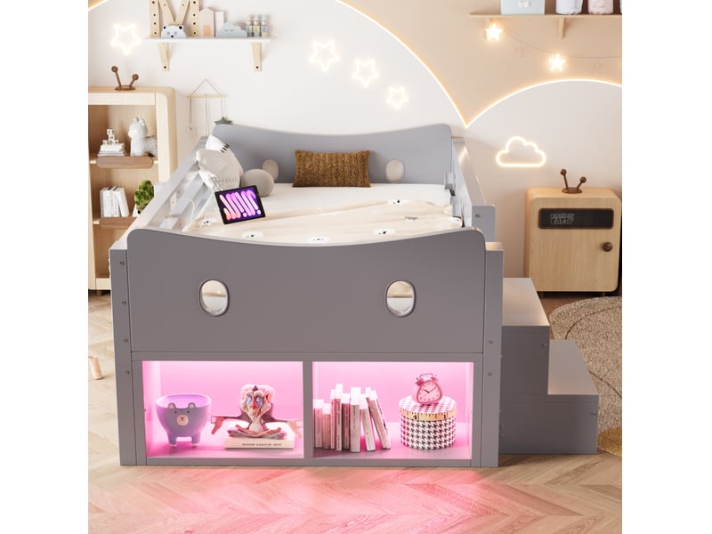 Lit enfant, 90x200 cm, avec rangements, tiroirs, barrières de sécurité, led, matelas non inclus, bois, coloris gris  - Conforama E