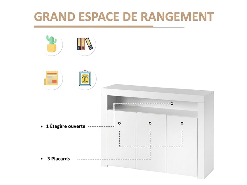 Buffet blanc laqué avec led meuble de rangement 3 portes 130x35x95 cm - Conforama R