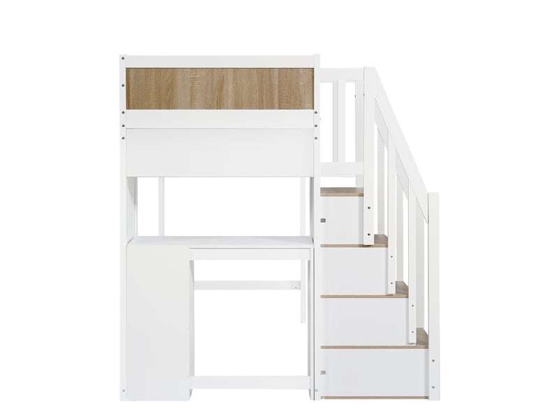  Lit superposé 90x200 cm avec bureau intégré, 3 tiroirs, étagère et échelle - bois pin et mdf blanc naturel  - Conforama E