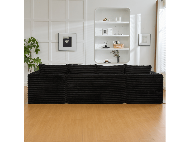 Canapé modulable en u modenvie 6 places en velours côtelé noir avec porte-gobelets et poches latérales 320 x 155 x 88 cm - Conforama D
