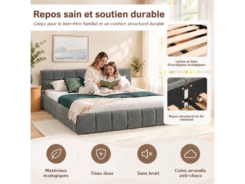  Bubble bed 140x200 cm, lit double rembourré 140x200 cm - cadre de lit - lit en chenille - sommier à lattes - capacité de charge 300 kg - chenille - gris  - Conforama D
