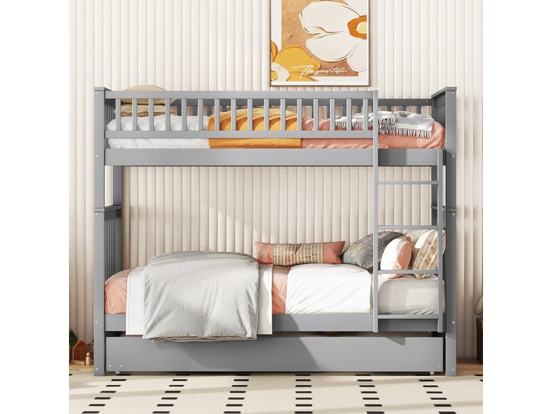  Lits superposés avec lit gigogne 90x200 cm, lit enfant triples avec escaliers, garde-corps haut escalier stable, gris, amovible  - Conforama D
