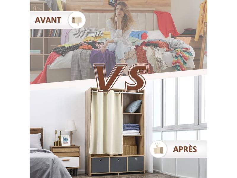  Armoire penderie armoire de rangement avec tringle rideaux 3 tiroirs en tissu amovibles naturel 105 x 48 x 160 cm  - Conforama W