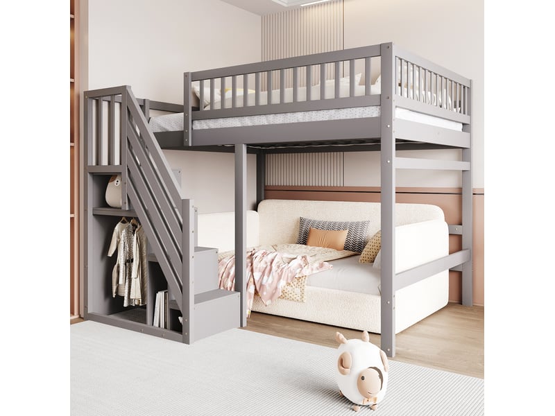  Lit en hauteur, 140x200 cm, couchage en hauteur, avec escalier de rangement, matelas non inclus, bois, coloris gris  - Conforama E