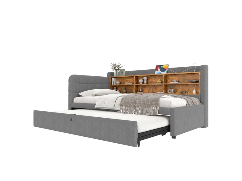  Lit gigogne 90x200 cm transformable en 180x200 cm, tête avec usb type-c et rangements, lin et mdf, gris, sans matelas  - Conforama A
