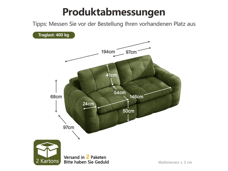 Canapé droit modulable 2 places en chenille vert – 194 x 97 x 68 cm Fay Lum - Conforama C