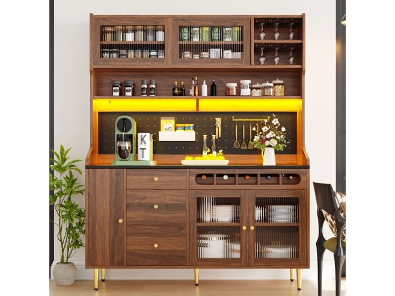 Meuble haut noyer 145x39x171 cm – armoire salon avec étagères réglables, led et tiroir porte-bouteilles - Conforama B