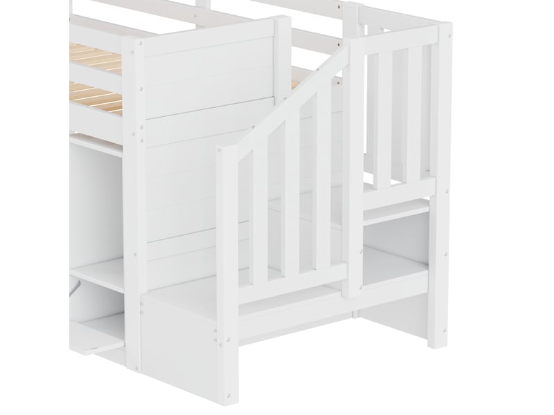  Lit mezzanine 90x200 cm, lit combiné, escalier avec rangement, rangements intégrés, éclairage led, support à lattes stable, pin blanc CozyNest - Conforama E