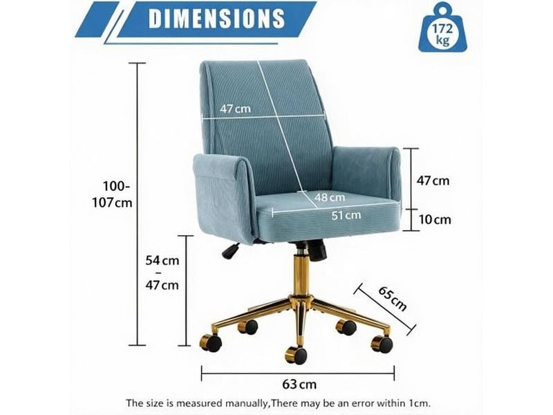  Chaise de bureau réglable en hauteur avec dossier mi-haut et forme ergonomique, en velours côtelé bleu  - Conforama D