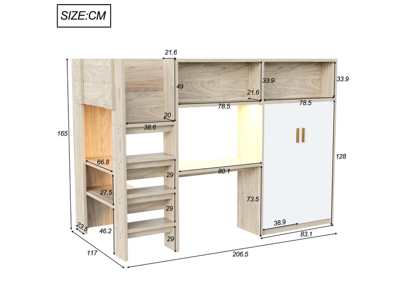  Lit mezzanine 90x200 cm avec bureau, armoire, rangements et sommier à lattes  - Conforama C