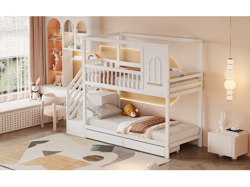  Lit superposé enfant 90x200 cm avec fenêtres, échelle sécurisée et tiroirs, blanc  - Conforama B