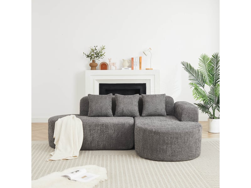  Canapé d’angle en l 3 places 222x157x73 cm avec méridienne droite, formes arrondies style wabi-sabi, 3 coussins dossier, chenille gris anthracite  - Conforama C