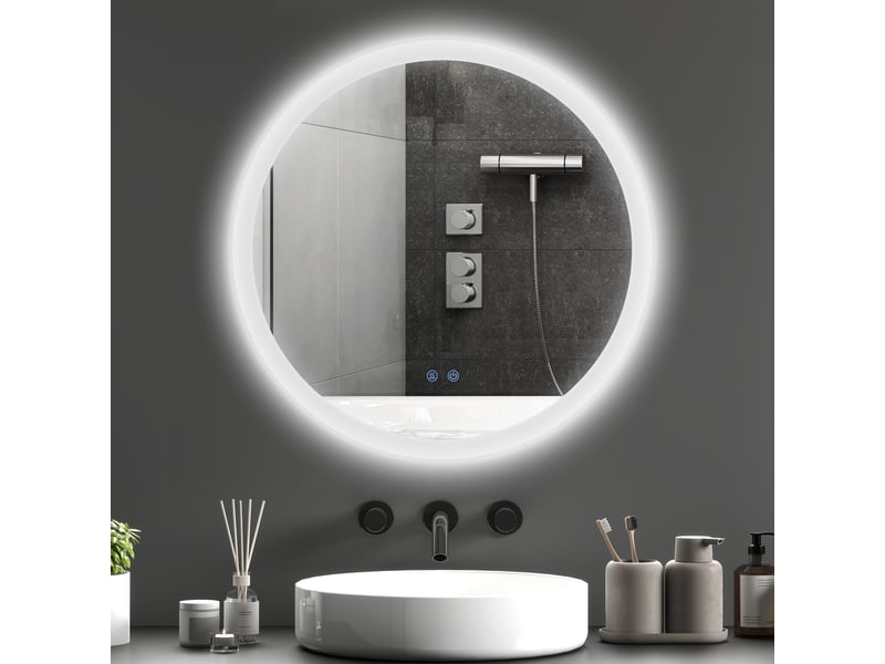 Miroir de salle de bain rond avec éclairage led ø60 x 3 cm, miroir antibuée, 3 couleurs d'éclairage, fonction mémoire, interrupteur tactile - Conforama C
