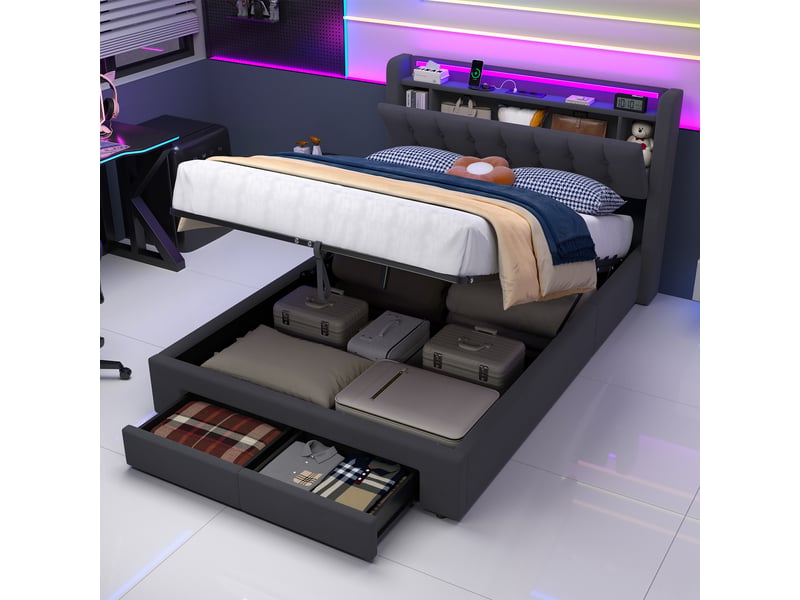  Lit coffre 2 places 140x200 cm avec led et tiroirs, coloris gris  - Conforama E