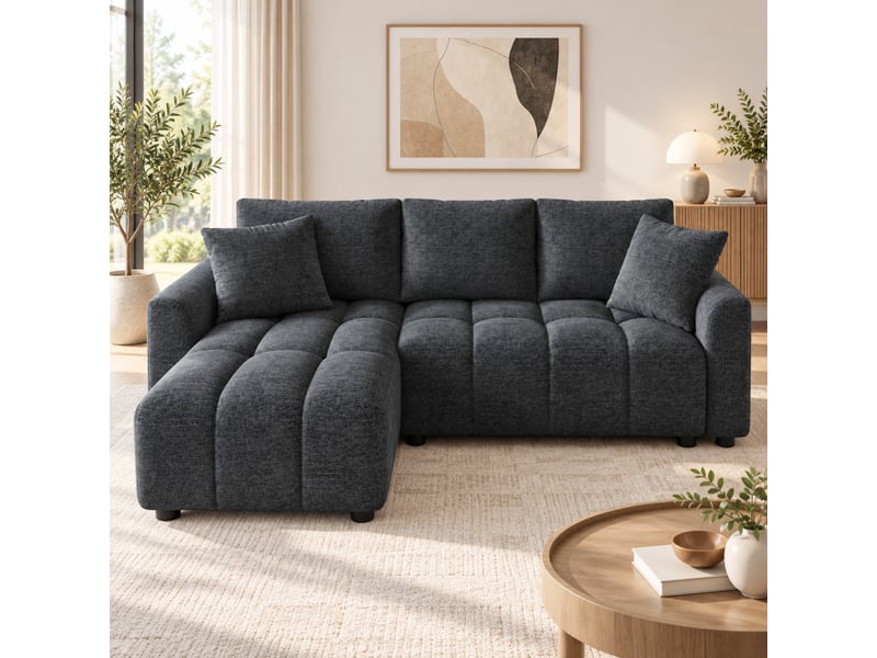  Canapé d’angle modulable, 3 places, avec 2 coussins et coffre de rangement girs en chenille  - Conforama B