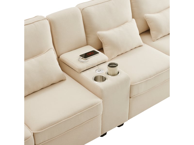 Canapé droit 4 places beige, revêtement en tissu lin, design moderne avec coussins de soutien intégrés - Conforama W