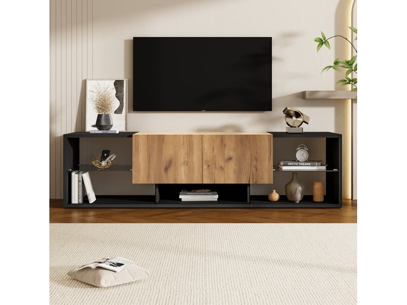  Meuble tv led 160 x 40 x 42 cm avec 2 tiroirs, noir et bois, jusqu'à 70 pouces  - Conforama B