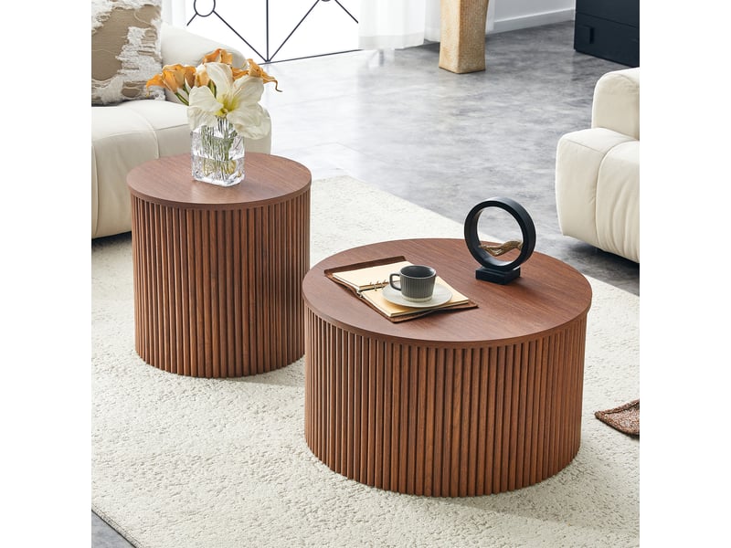  Tables basses gigognes lot de 2, design colonne romaine, mdf rondes avec rangement interne caché, finition grain de bois de noyer.  - Conforama E