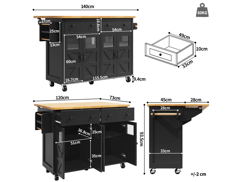  Desserte de cuisine 140x73x93,5 cm mobile mdf noire  - Conforama E