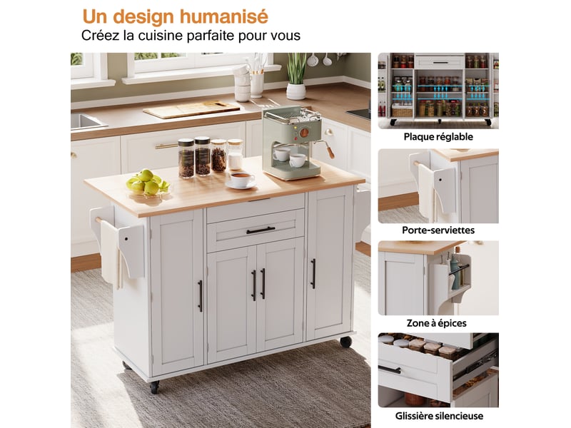  Desserte mobile de cuisine 136x70x92 cm blanc et naturel en mdf, plateau extensible et rangement à roulettes  - Conforama E