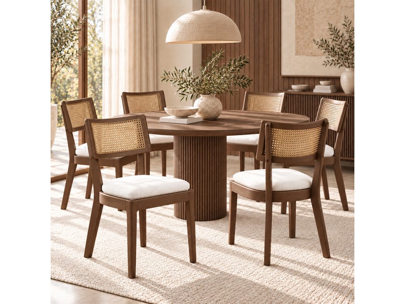 Lot de 4 chaises de salle à manger 50x58x88 cm avec dossier rotin, bois massif, noyer et beige - Conforama E