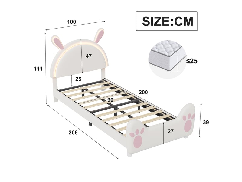 Lit fille 90x200 - oreilles de lapin led réglable et tête de lit- sommier à lattes - lit enfant rembourré princesse, lit enfant 90x200 avec sommier led, oreilles de lapin et tête de lit - lit fille 1 personne, design princesse m… - Conforama R