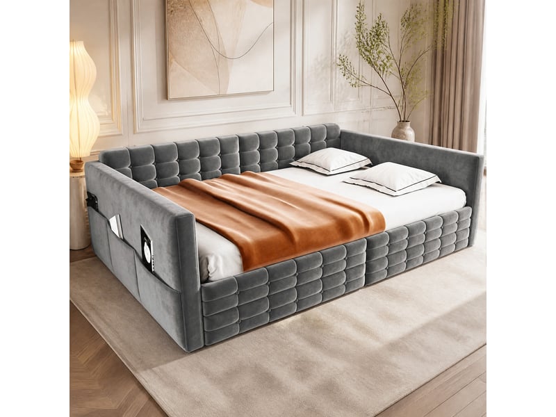 Lit banquette 2 places 140 × 190 cm avec 2 tiroirs, poches latérales et tête de lit, sans matelas, velours gris - Conforama C